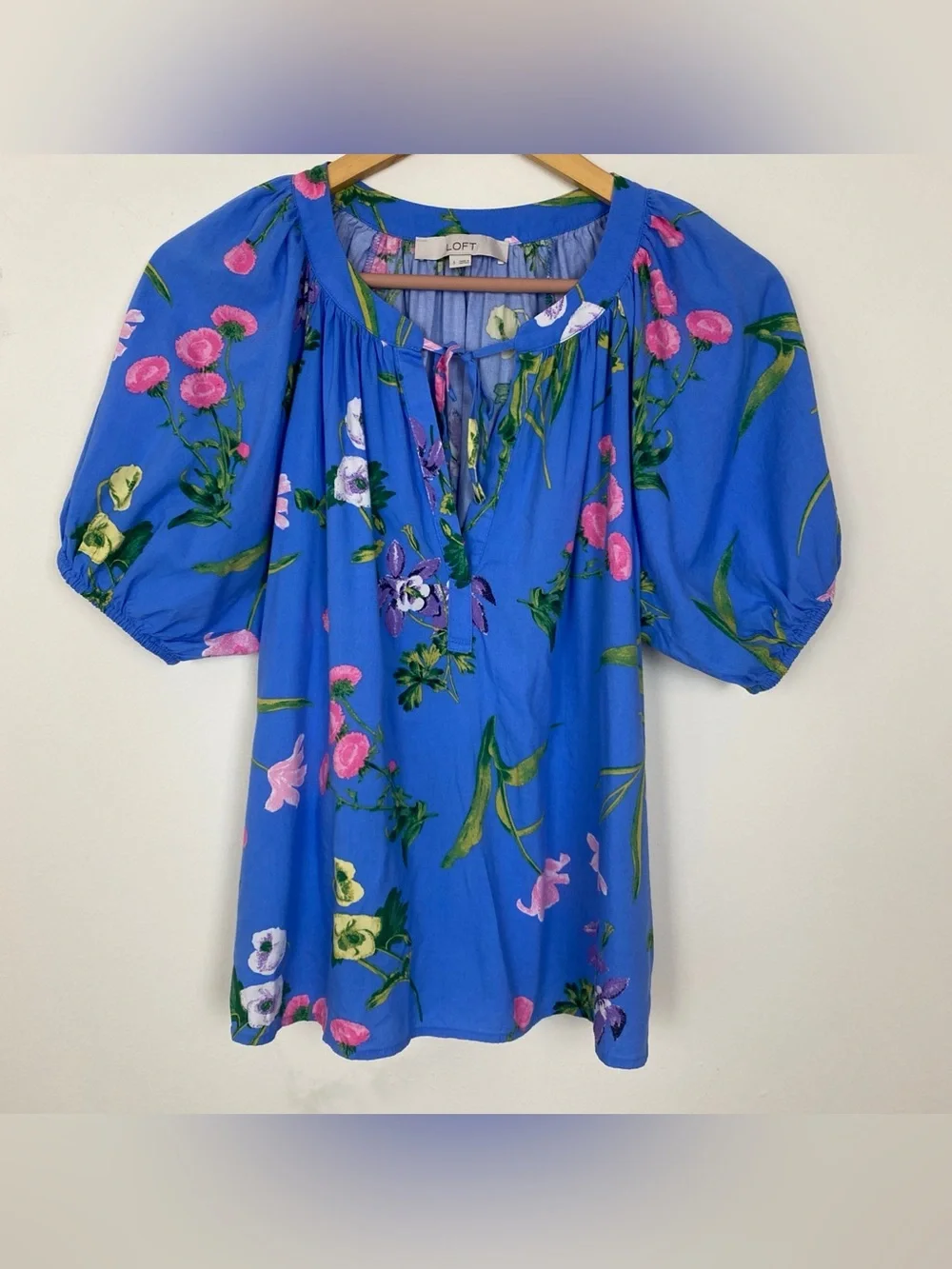 LOFT Womens Blouse Small Blue Floral  Puff Sleeve Sz S